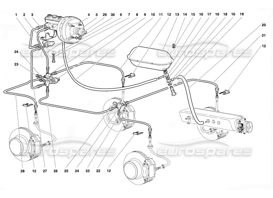 lamborghini diablo vt (1994) diagrama de piezas del sistema de frenos