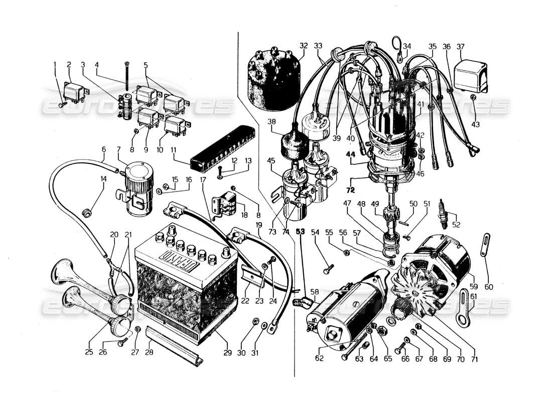 lamborghini urraco p250 / p250s sistema eléctrico diagrama de piezas