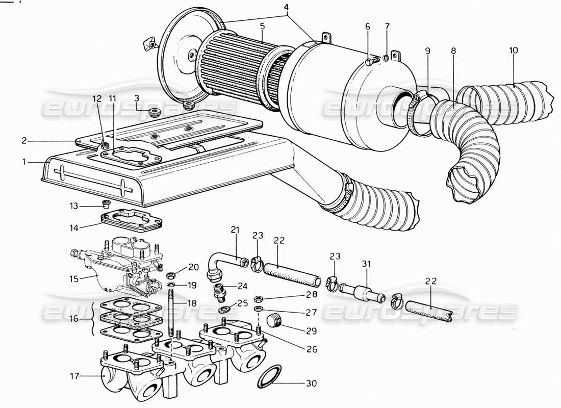 ferrari 206 gt dino (1969) diagrama de piezas del filtro de aire y colectores