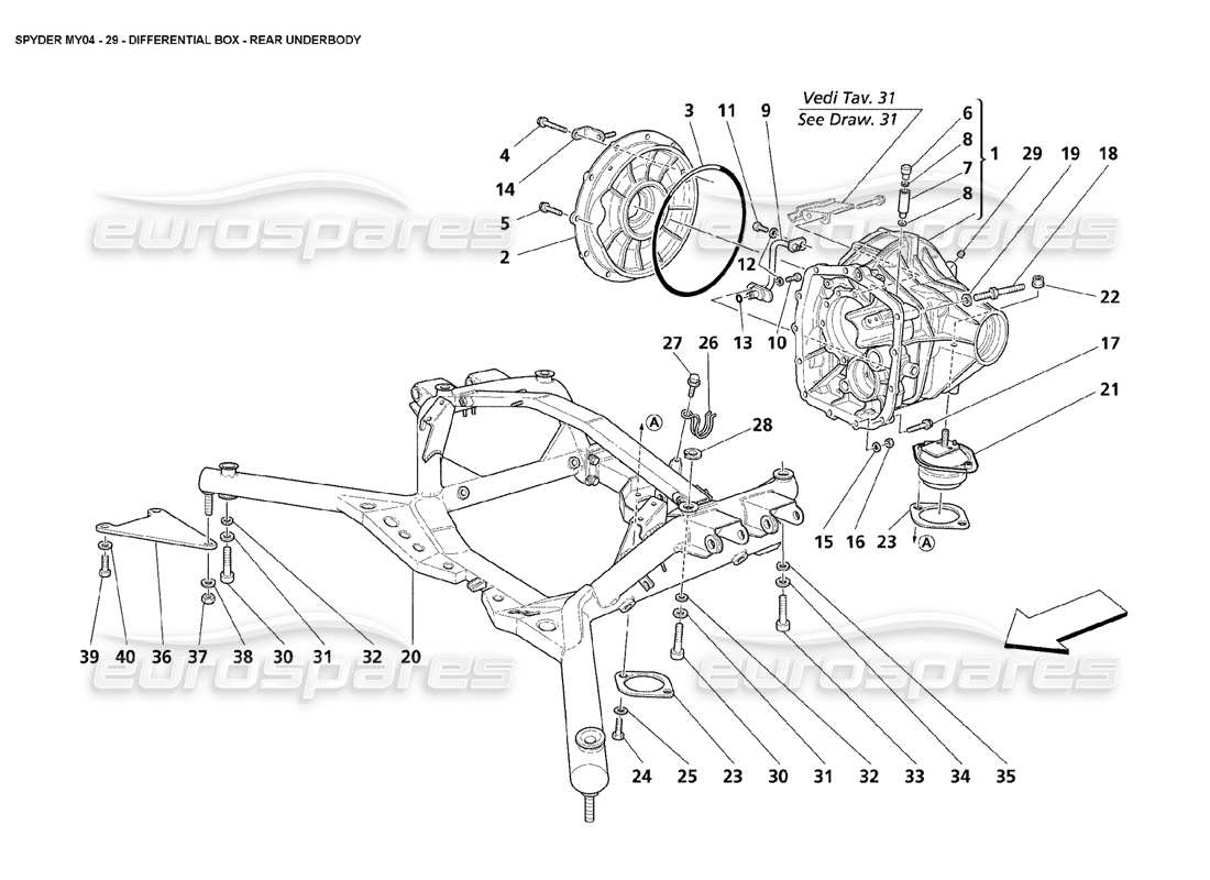 maserati 4200 spyder (2004) caja de diferencial trasera bajo carrocería diagrama de piezas