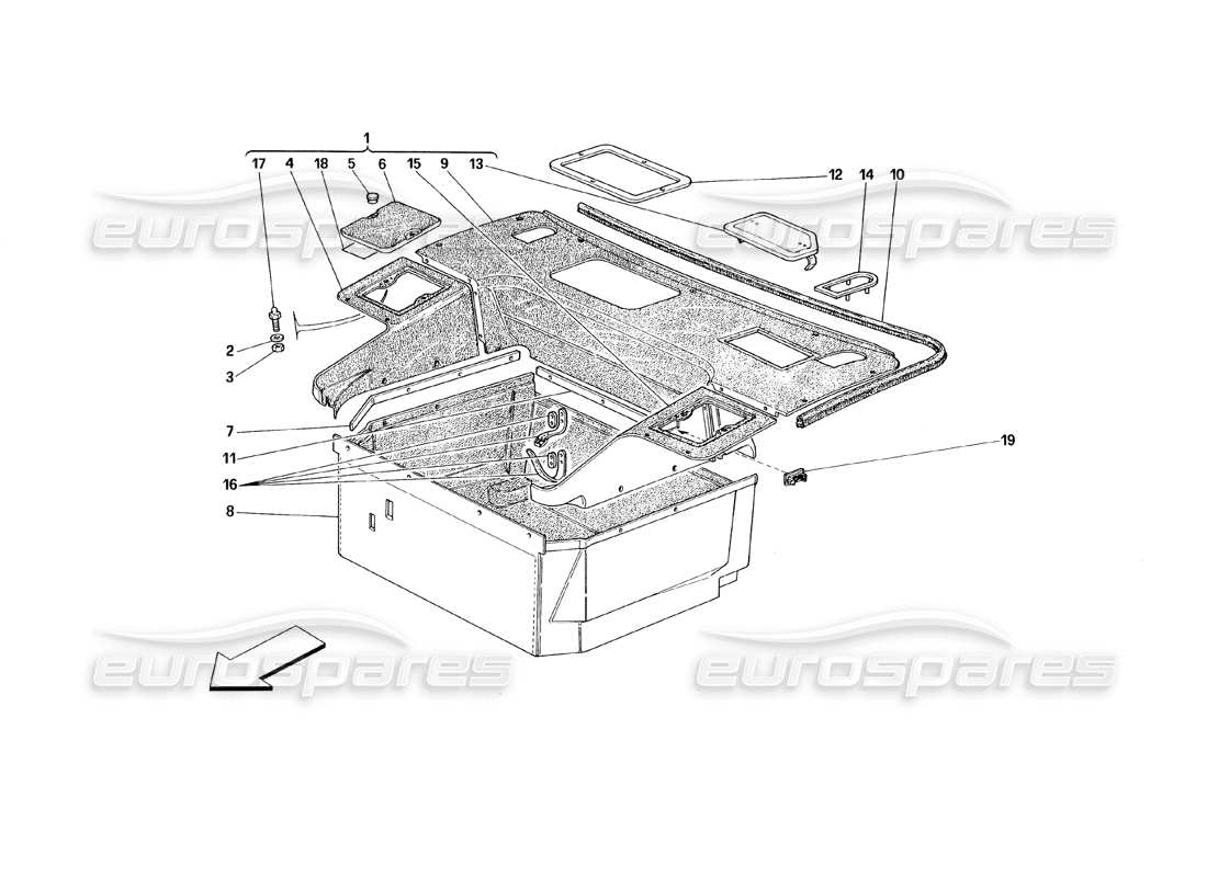 ferrari 348 (1993) tb / ts diagrama de piezas de las alfombras de los compartimentos delanteros