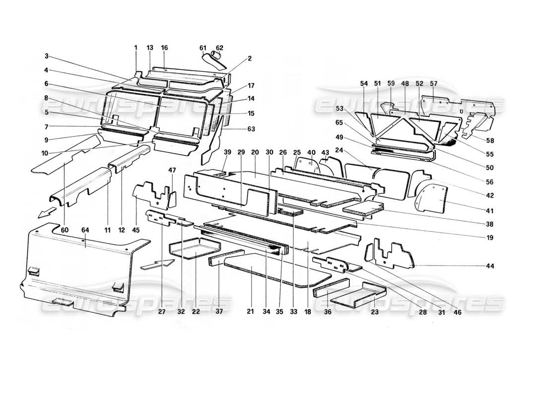 ferrari 328 (1988) aislamiento de equipaje y compartimento de pasajeros (para ee. uu. - aus - sa - j) diagrama de piezas