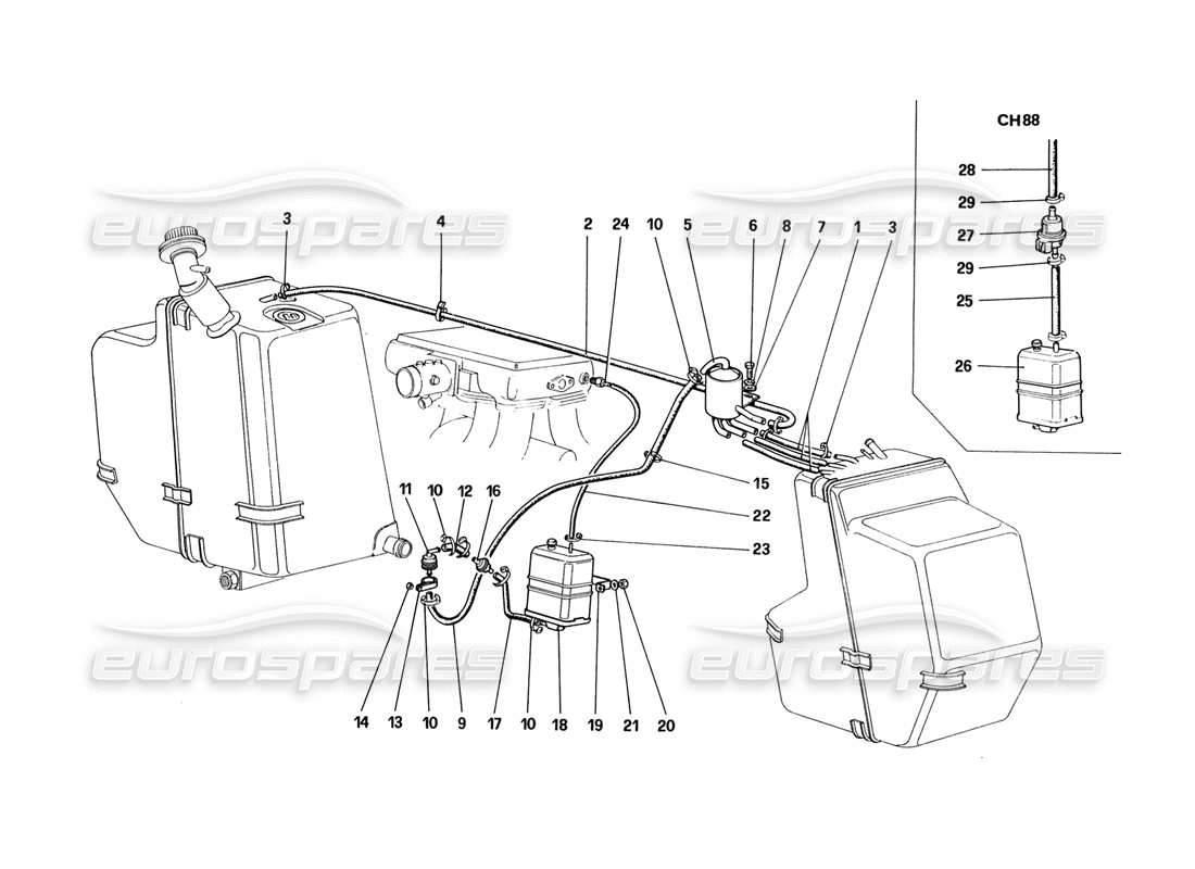 ferrari 328 (1988) diagrama de piezas del sistema de control de emisiones antievaporativas (para ee. uu., versión sa y ch88)