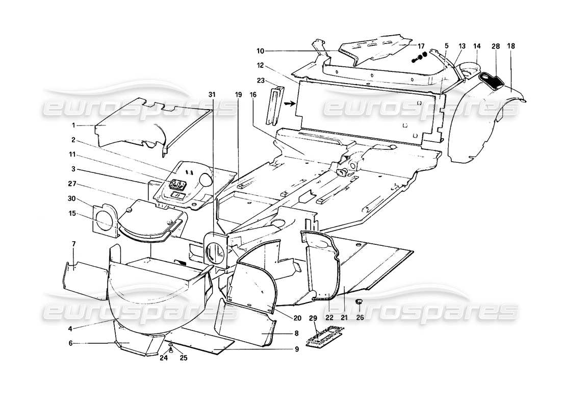 ferrari 308 quattrovalvole (1985) carrocería - diagrama de piezas de elementos interiores