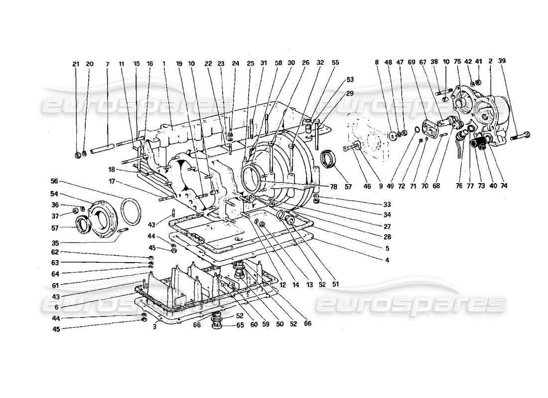 ferrari 308 quattrovalvole (1985) caja de cambios - diagrama de piezas de caja de diferencial y cárter de aceite