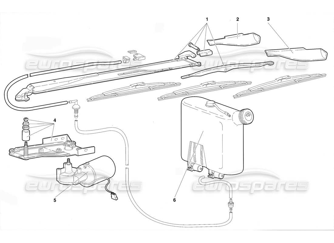 lamborghini diablo vt (1994) diagrama de piezas del limpiaparabrisas y lavafaros (válido para la versión rh d. - abril 1994)