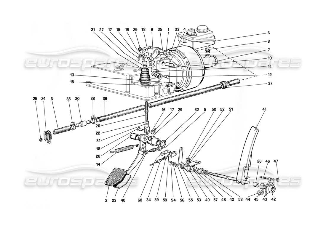 ferrari mondial 3.2 qv (1987) diagrama de piezas del sistema hidráulico de frenos y control del acelerador (para automóviles sin sistema antideslizante - variantes para la versión rh d)