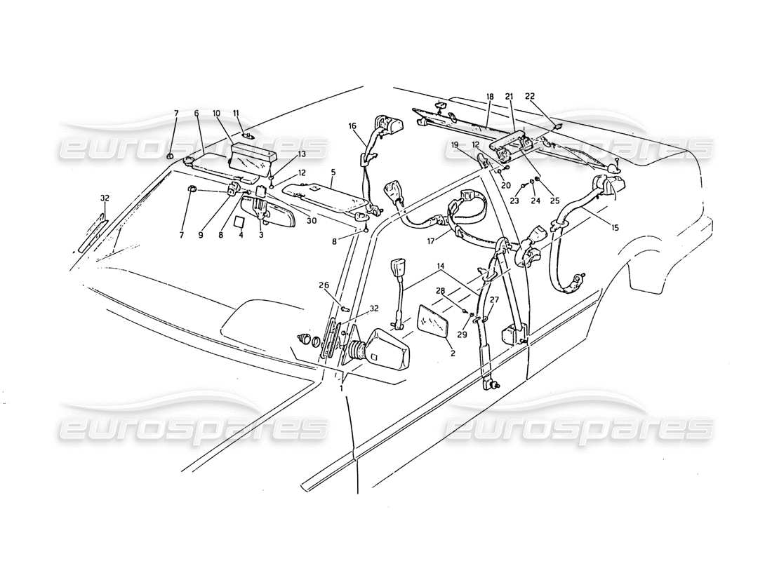 maserati biturbo 2.5 (1984) diagrama de piezas de cinturones de seguridad, espejos y visera solar