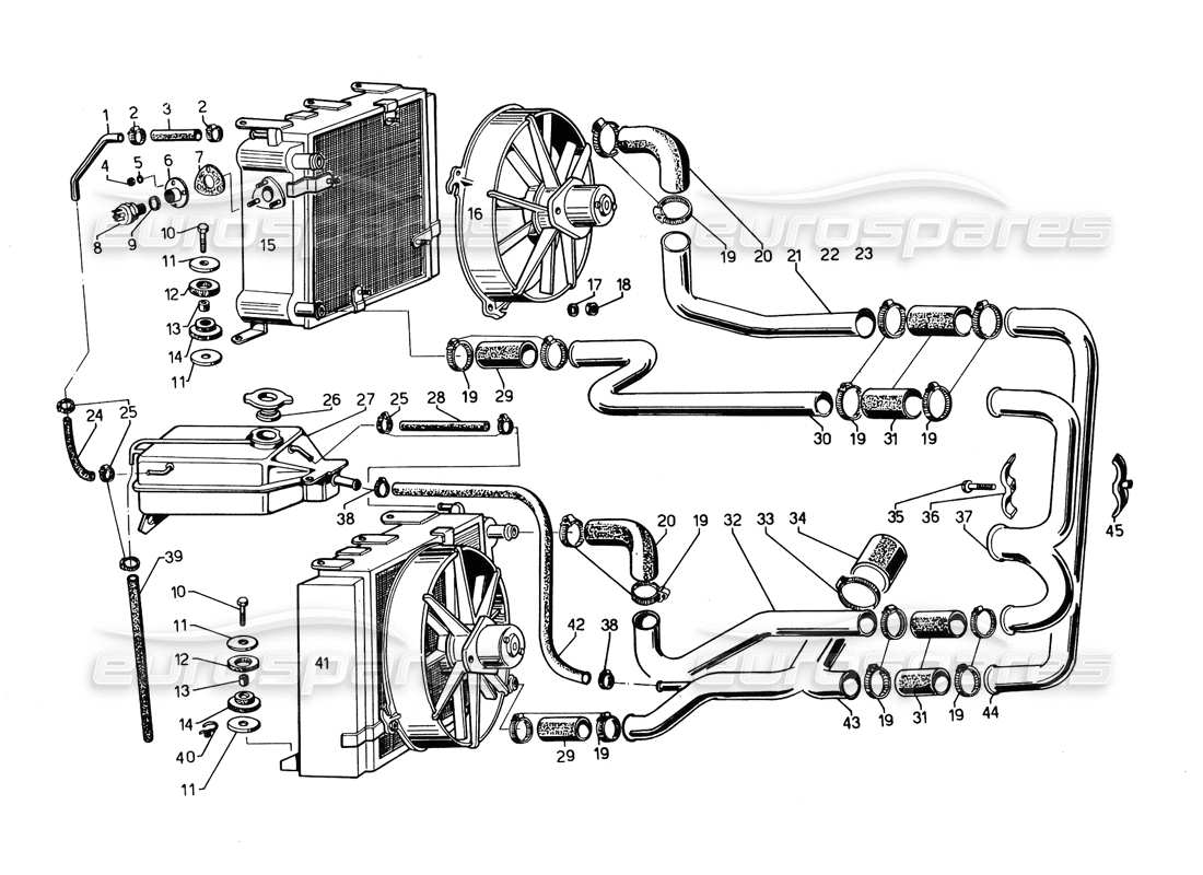 lamborghini countach 5000 qvi (1989) sistema de radiador y refrigerante diagrama de piezas
