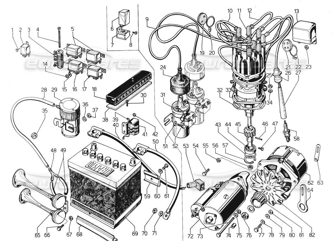 lamborghini urraco p300 diagrama de piezas del sistema eléctrico