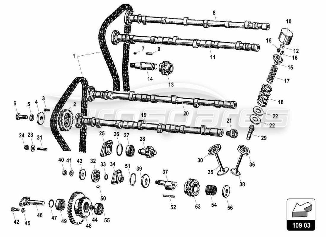 lamborghini miura p400 sistema de sincronización de cabeza diagrama de piezas