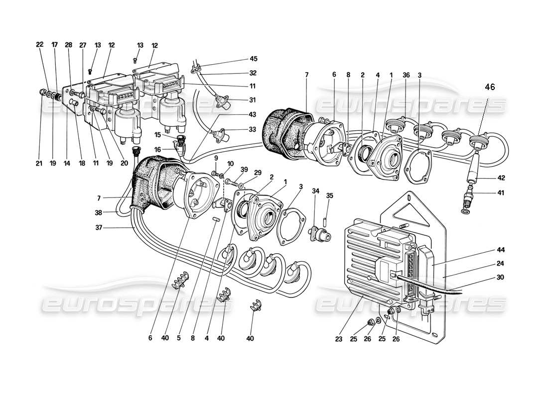 ferrari mondial 3.2 qv (1987) encendido del motor diagrama de piezas