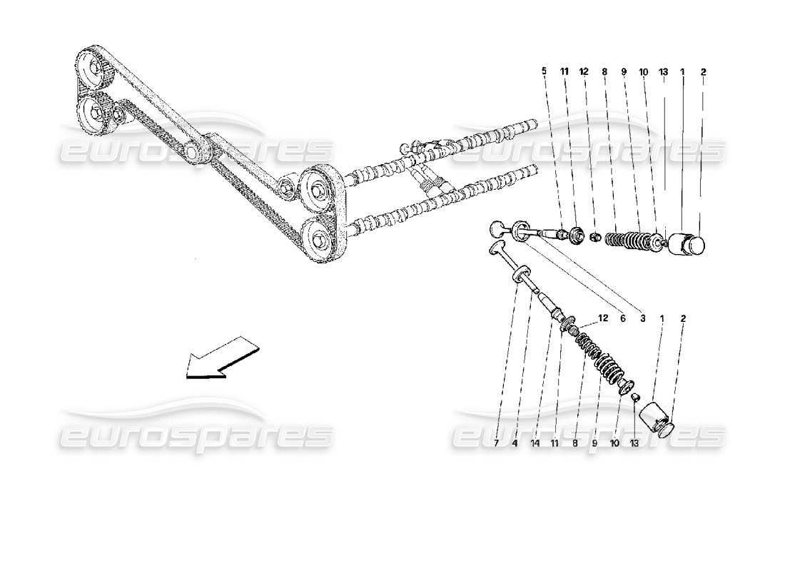 ferrari 512 tr sistema de sincronización: diagrama de piezas de válvulas