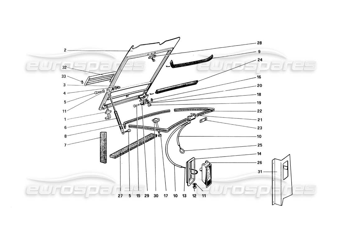 ferrari 308 quattrovalvole (1985) diagrama de piezas de la tapa del compartimento frontal