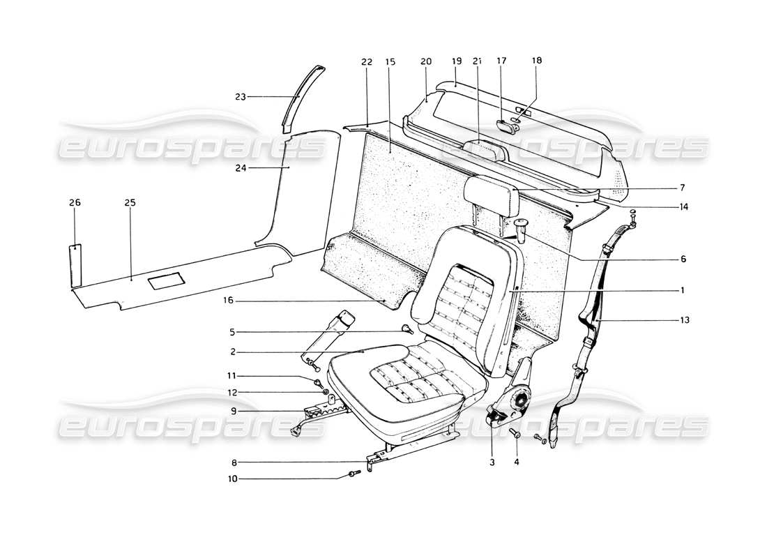ferrari 512 bb interior trim, accessories and seats diagrama de piezas