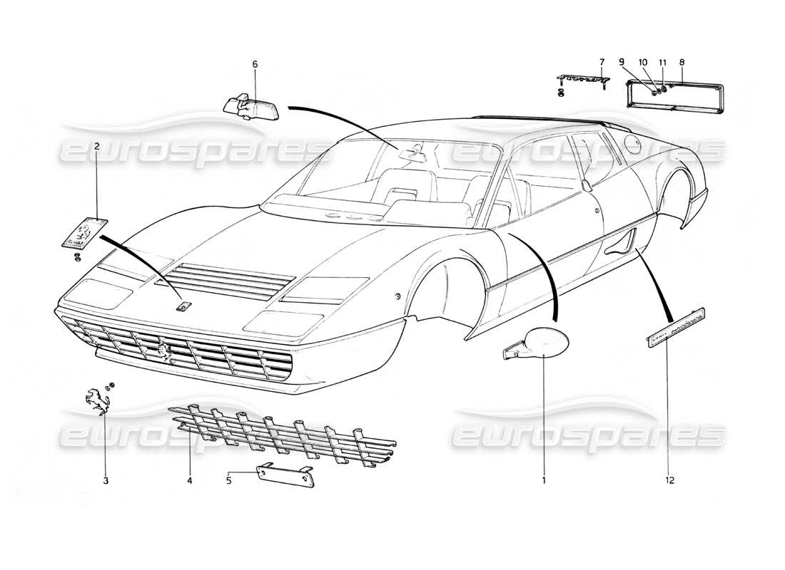 ferrari 512 bb diagrama de piezas de molduras de carrocería