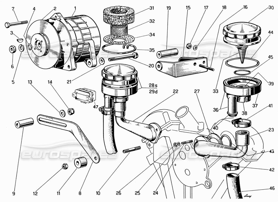 ferrari 330 gt 2+2 diagrama de piezas de respiraderos del generador y del motor
