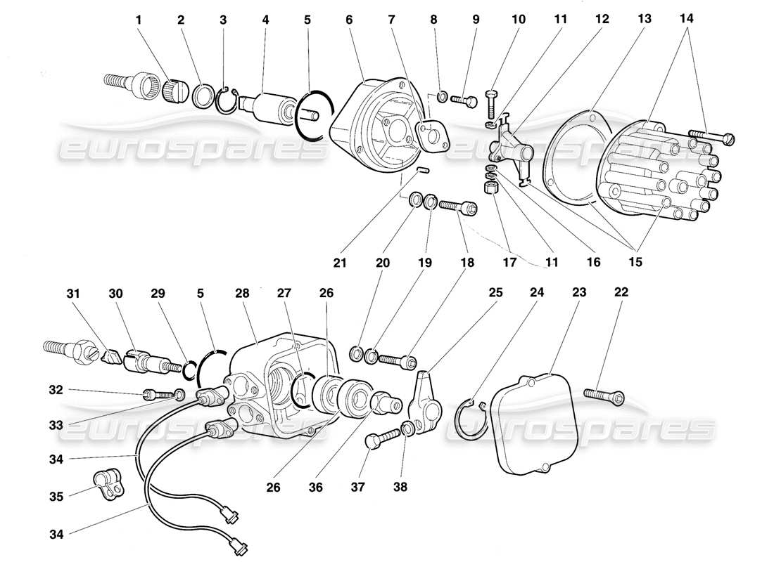lamborghini diablo vt (1994) diagrama de piezas del distribuidor de encendido y sensores de fase