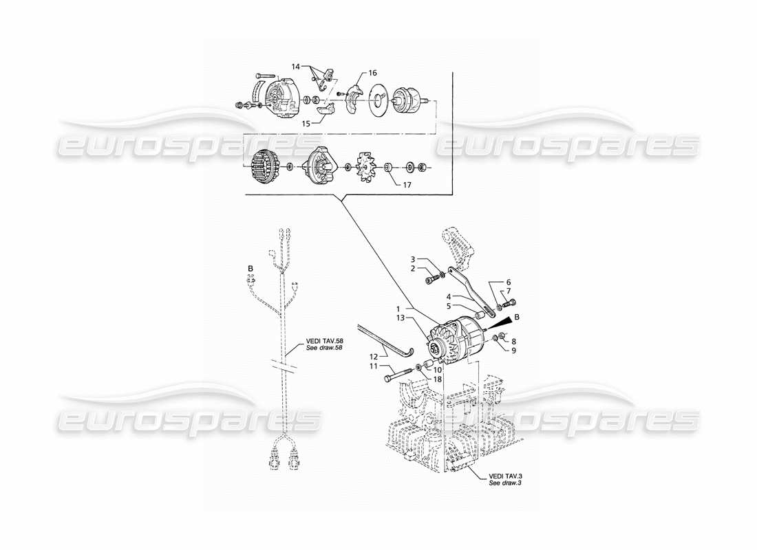 maserati qtp v8 (1998) alternator and support diagrama de piezas