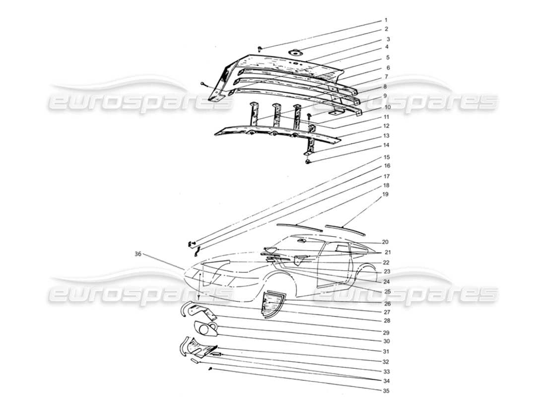 ferrari 365 gtb4 daytona (coachwork) diagrama de piezas de parrilla delantera y cubiertas
