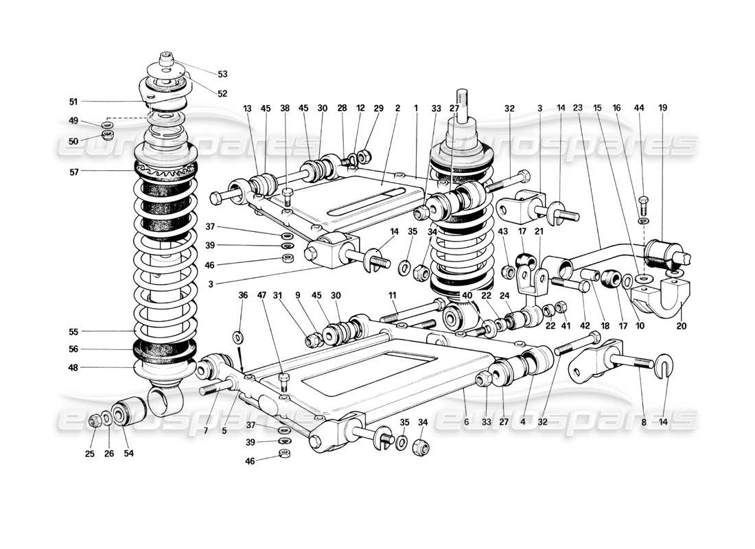 ferrari 400i (1983 mechanical) suspensión trasera: diagrama de piezas de palancas y amortiguadores
