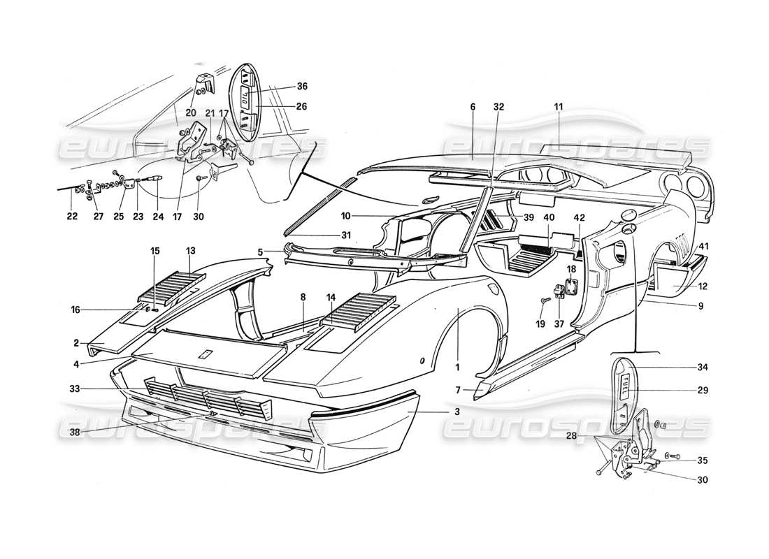 ferrari 288 gto carrocería - diagrama de piezas de elementos exteriores