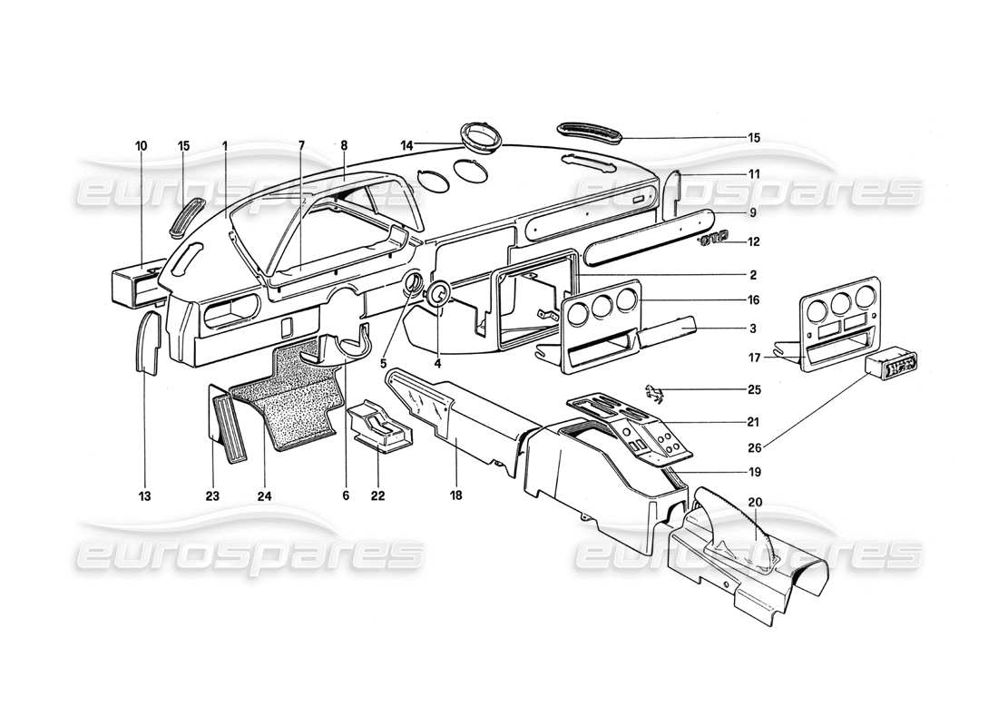 ferrari 288 gto instrumento, panel y túnel diagrama de piezas
