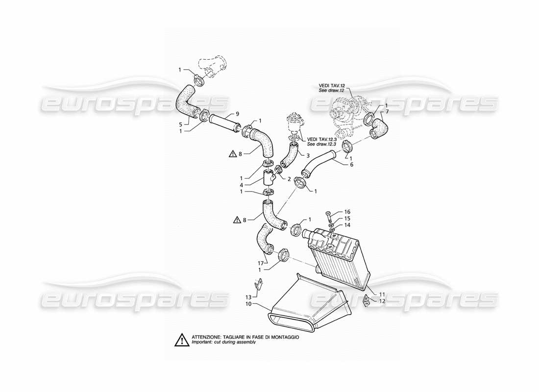 maserati qtp v6 (1996) diagrama de piezas del lado izquierdo de las tuberías del intercambiador de calor