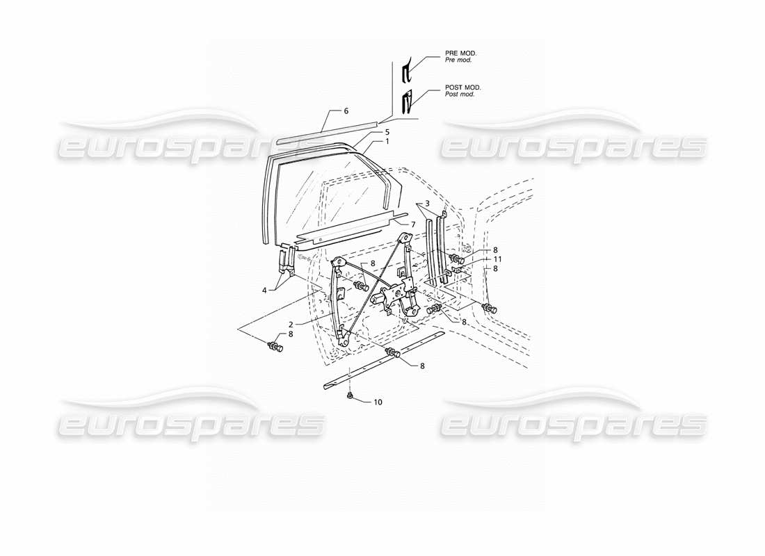 maserati qtp v6 (1996) front doors: windows and regulators part diagram