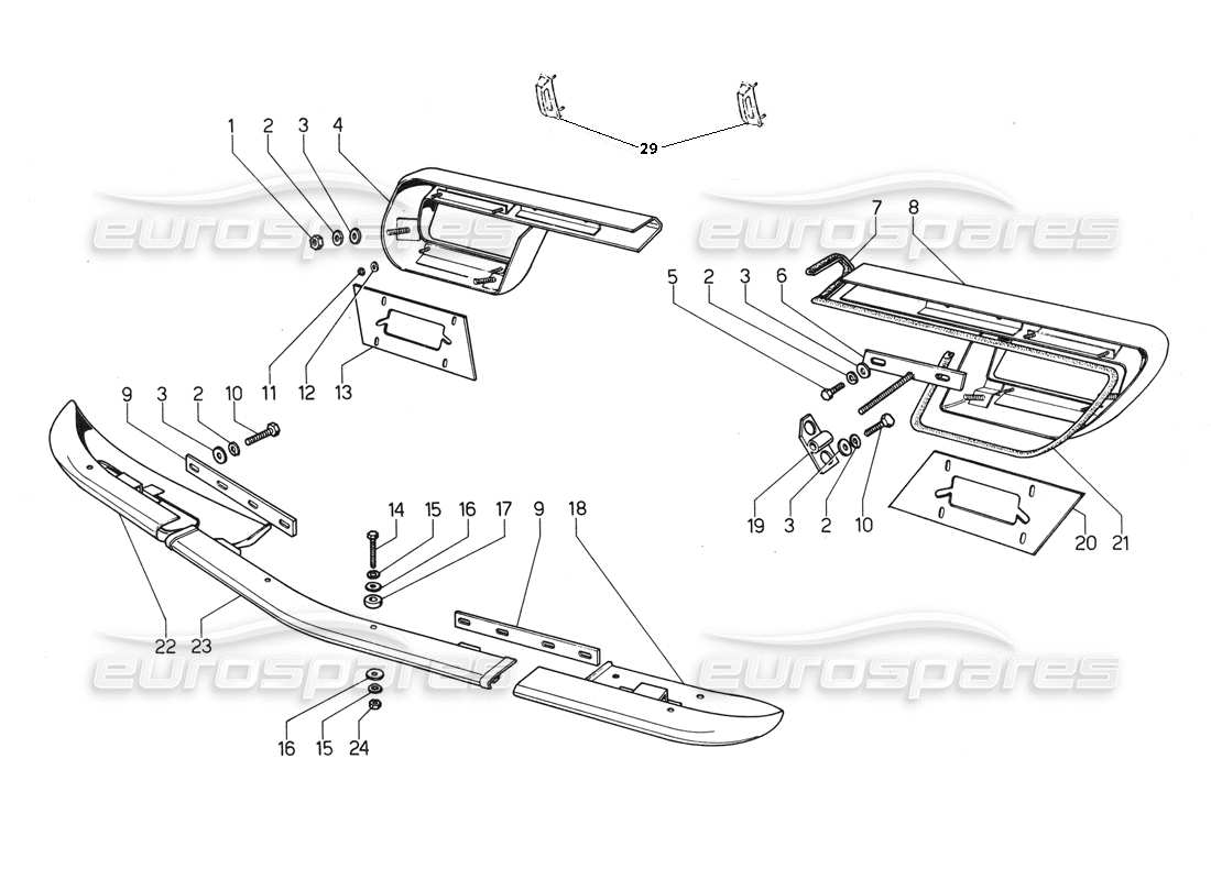 lamborghini urraco p250 / p250s parachoques delantero y trasero diagrama de piezas