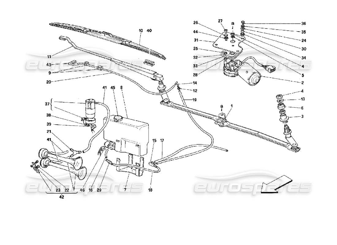 ferrari mondial 3.4 t coupe/cabrio limpiaparabrisas y bocinas diagrama de piezas