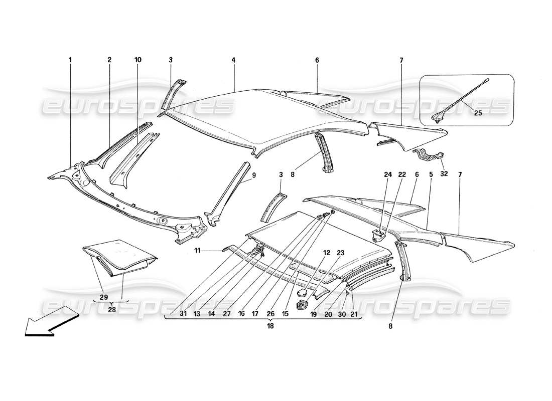 ferrari 348 (1993) tb / ts techo - diagrama de piezas de molduras exteriores