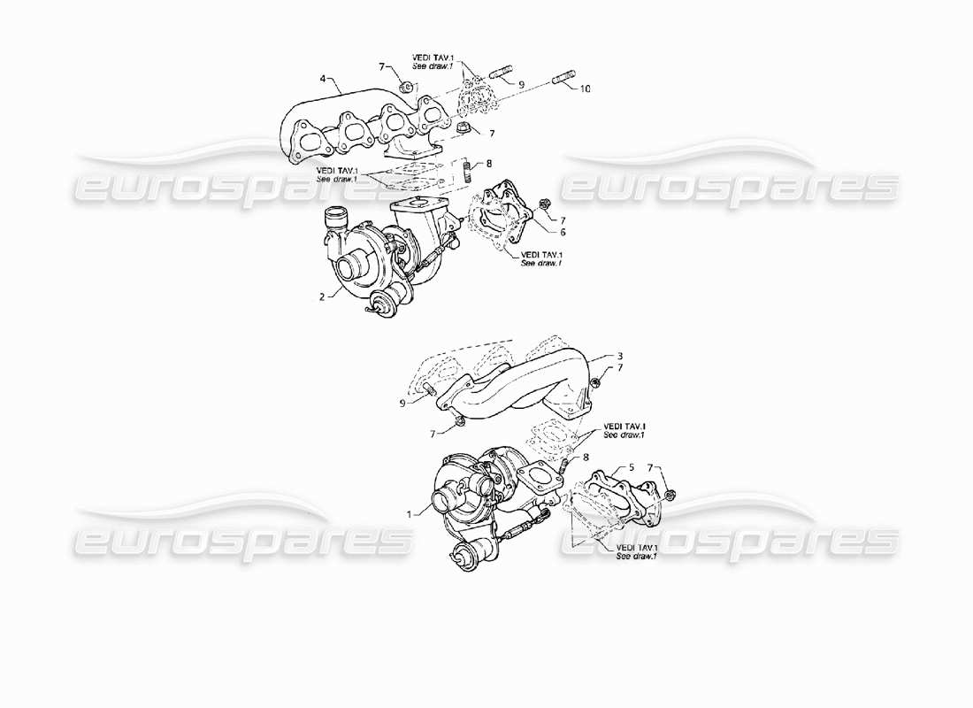 maserati qtp v8 (1998) diagrama de piezas de turbosopladores y colectores de escape