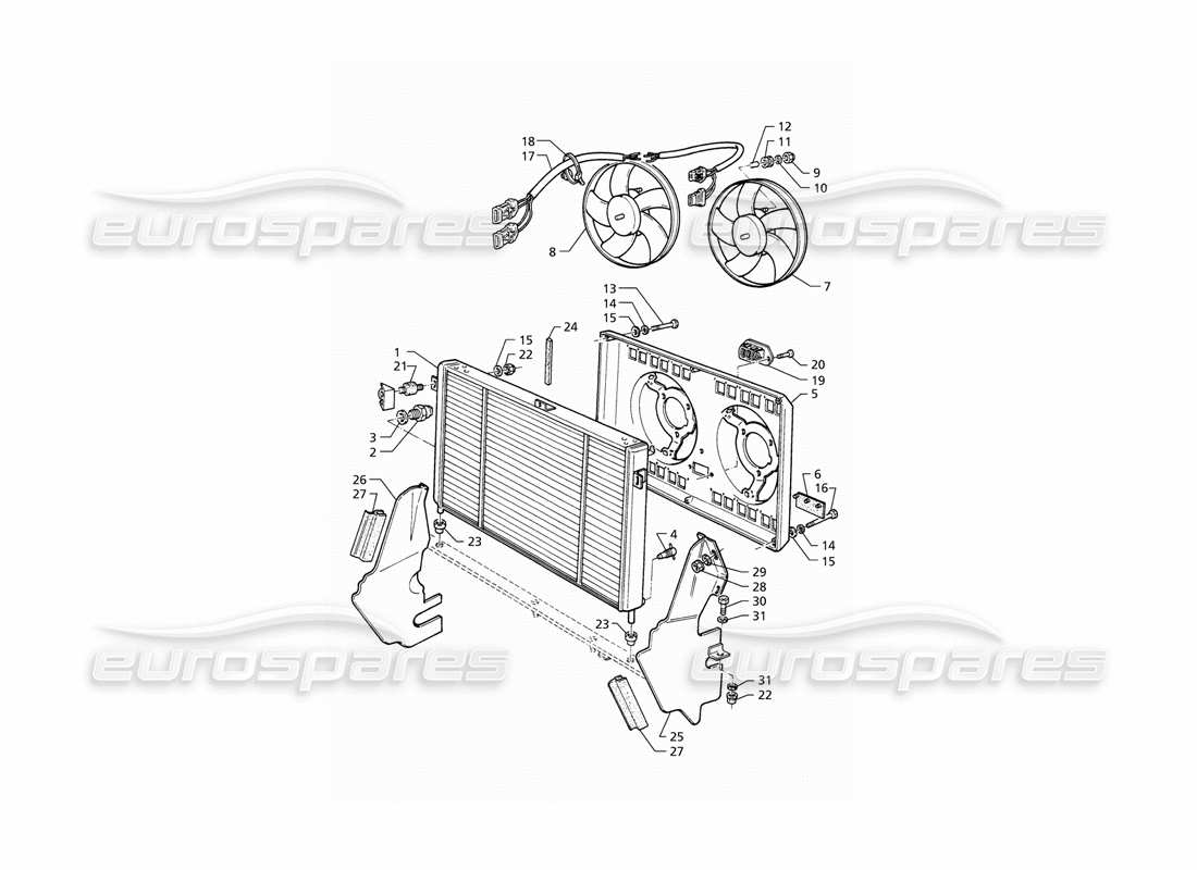 maserati qtp v8 (1998) diagrama de piezas del radiador y los ventiladores de refrigeración