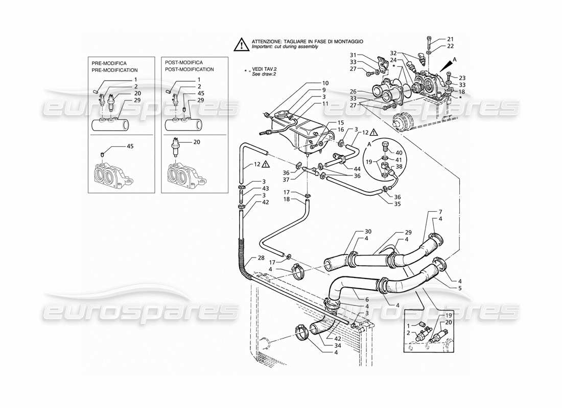 maserati qtp v6 (1996) líneas de enfriamiento y termostato diagrama de piezas
