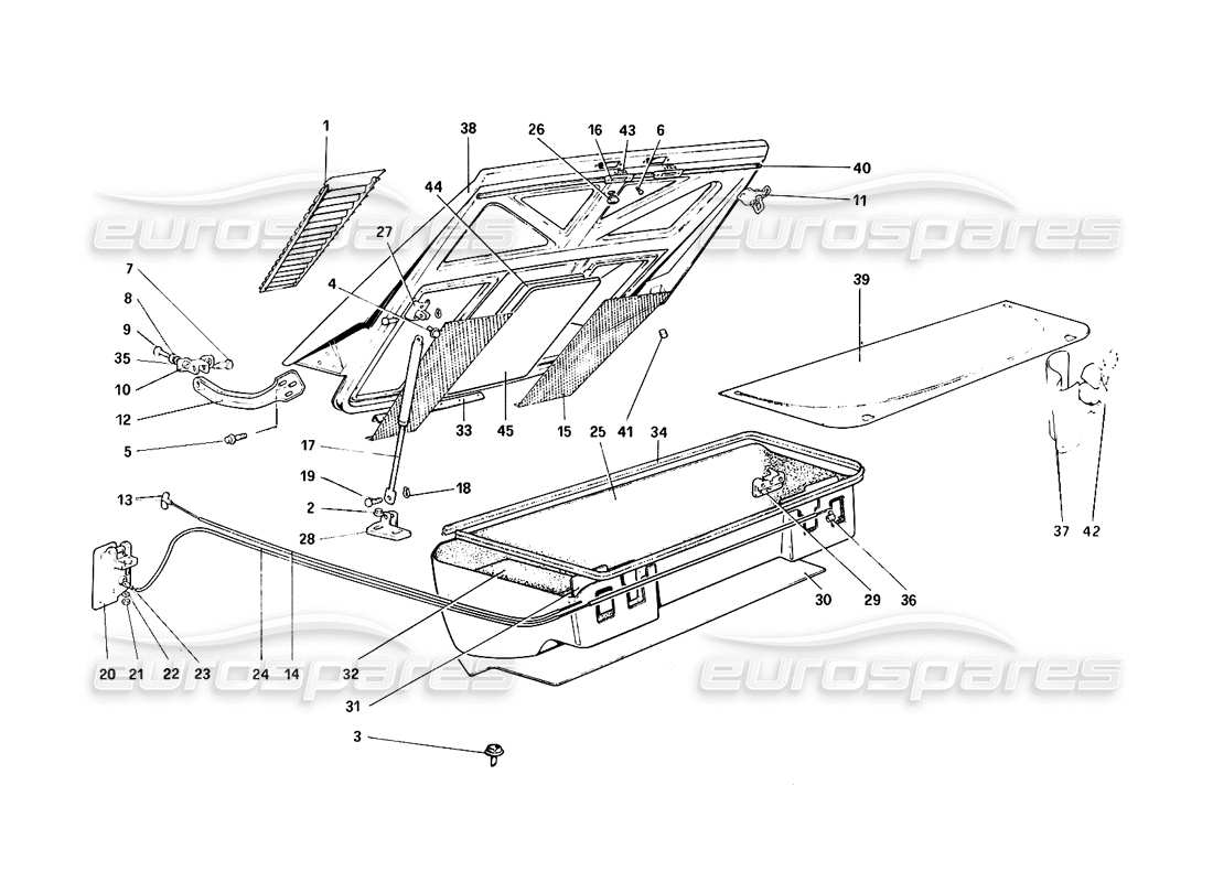 ferrari 308 quattrovalvole (1985) cubierta del capó trasero y del maletero diagrama de piezas
