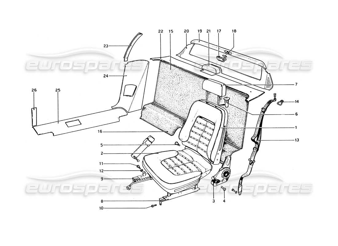 ferrari 365 gt4 berlinetta boxer diagrama de piezas de molduras interiores, accesorios y asientos