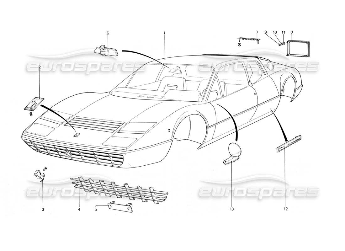 ferrari 365 gt4 berlinetta boxer body shell and mouldings part diagram