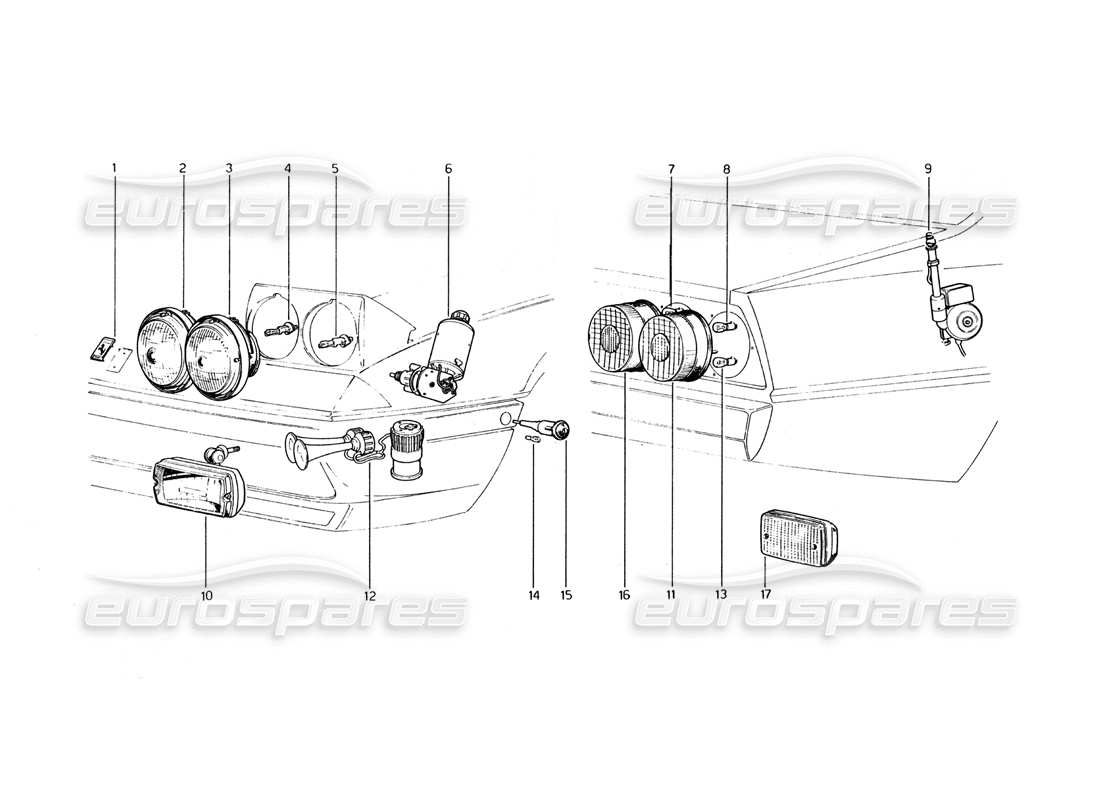 ferrari 400 gt (mechanical) luces delanteras y traseras, bocinas y diagrama de piezas arial