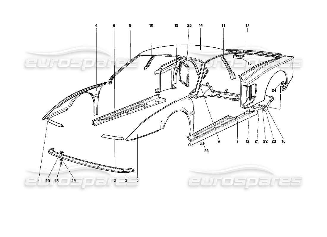 ferrari 512 tr cuerpo - diagrama de piezas de componentes externos