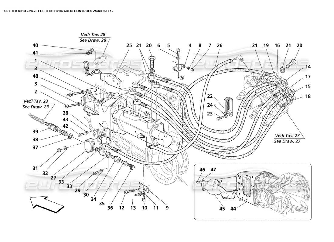 maserati 4200 spyder (2004) f1 controles hidráulicos del embrague válidos para f1 diagrama de piezas