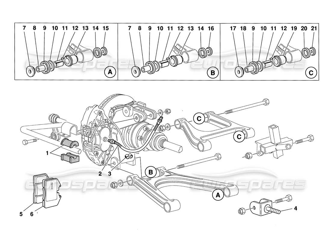 ferrari 348 challenge (1995) pastillas de suspensión trasera y tubos de freno diagrama de piezas