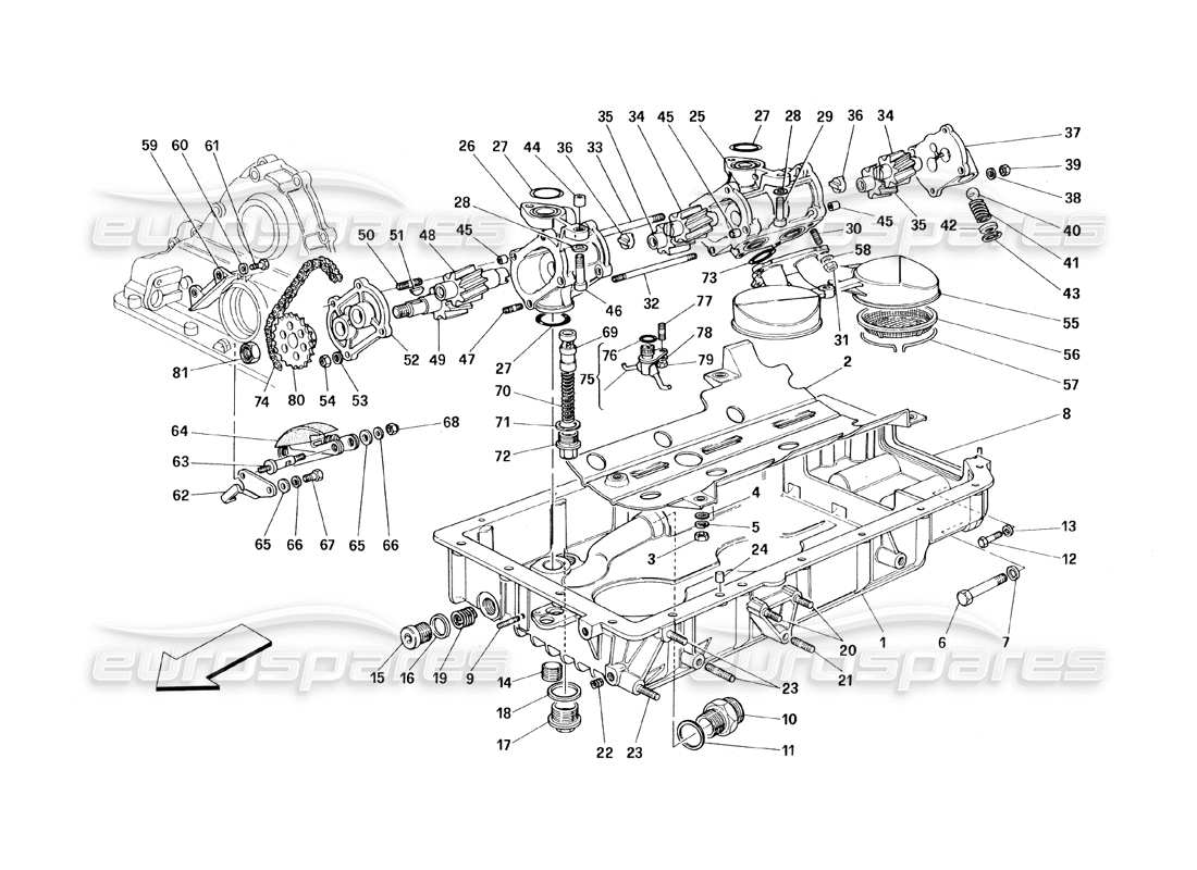 ferrari 348 (1993) tb / ts lubricación: diagrama de piezas de bombas y sumideros de aceite