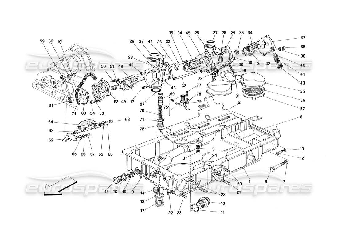 ferrari 348 (1993) tb / ts lubricación: bombas y cárteres de aceite diagrama de piezas