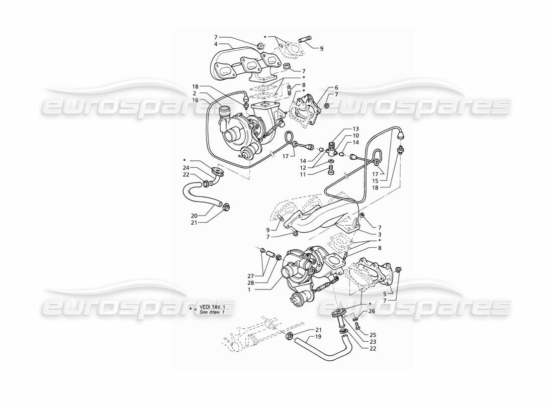 maserati qtp v6 (1996) diagrama de piezas de lubricación de turbosopladores y colectores de escape