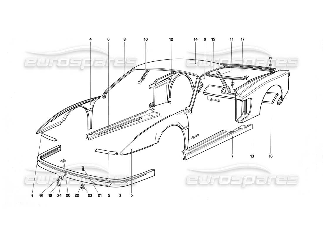 ferrari testarossa (1987) cuerpo - componentes externos diagrama de piezas