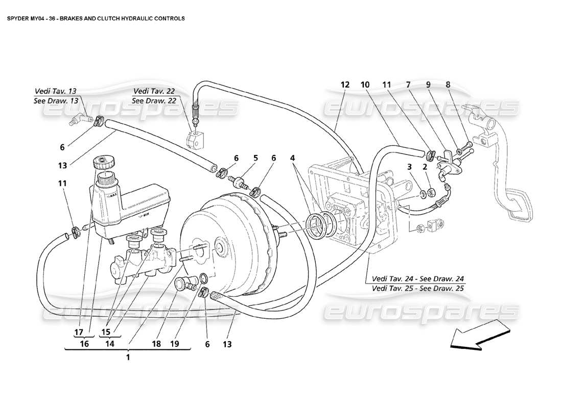 maserati 4200 spyder (2004) controles hidráulicos de frenos y embrague diagrama de piezas