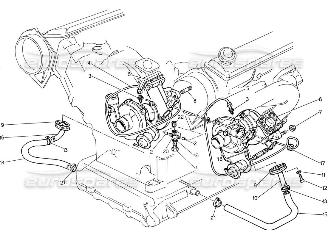 maserati 222 / 222e biturbo lubricación de turbosopladores diagrama de piezas