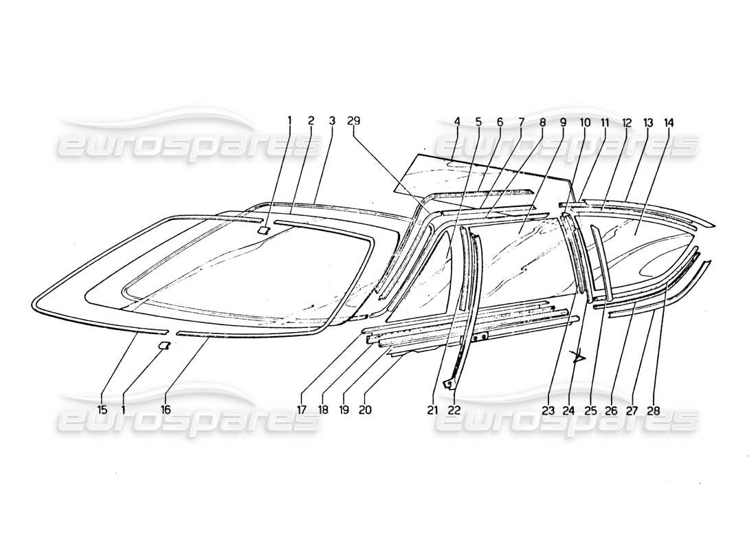 lamborghini urraco p250 / p250s lunas, parabrisas y lunas laterales. diagrama de piezas