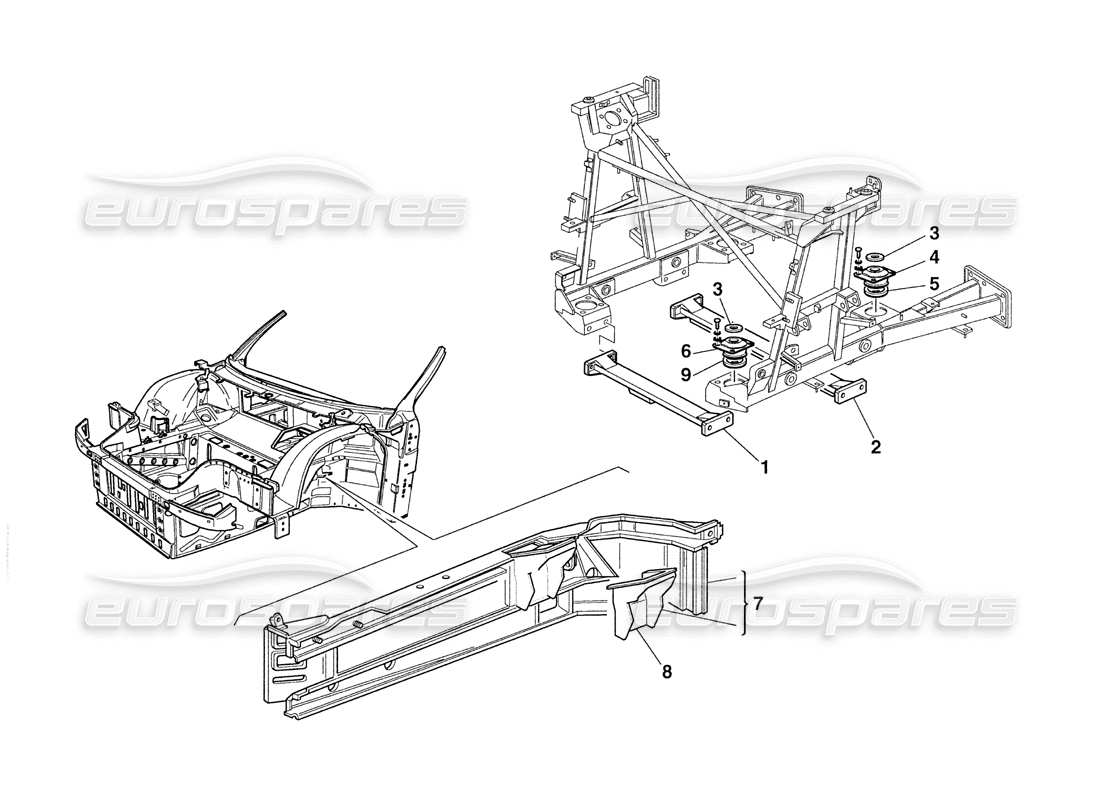 ferrari 355 challenge (1999) soportes del motor: diagrama de piezas de los elementos del chasis y la carrocería